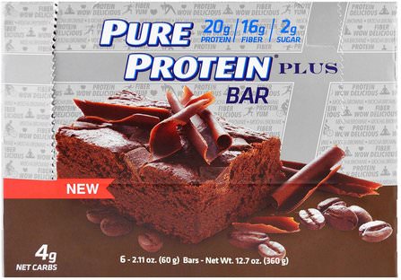 Plus Bar, Mocha Brownie, 6 Bars, 2.11 oz (60 g) by Pure Protein, 運動，蛋白質棒 HK 香港